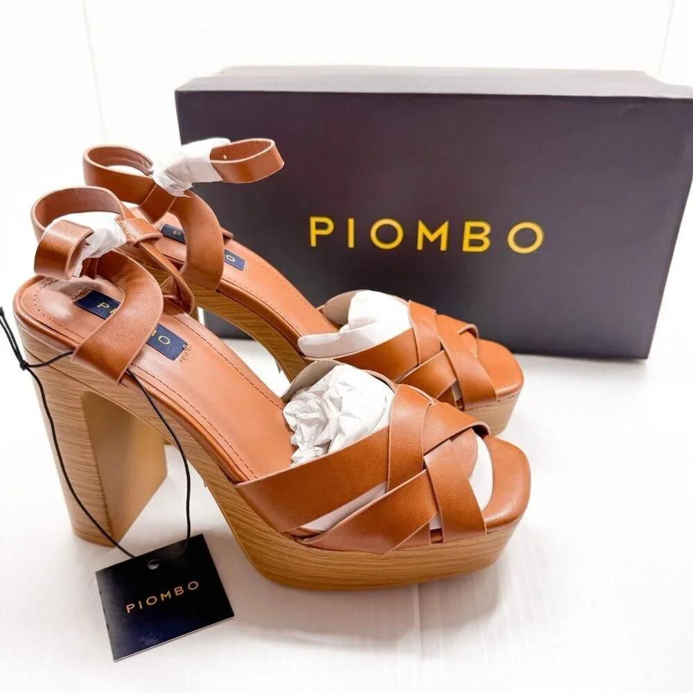 Piombo Platform Sandals Women’s 6US 37EU Tan Strappy Ankle Block Heels NWT Chic